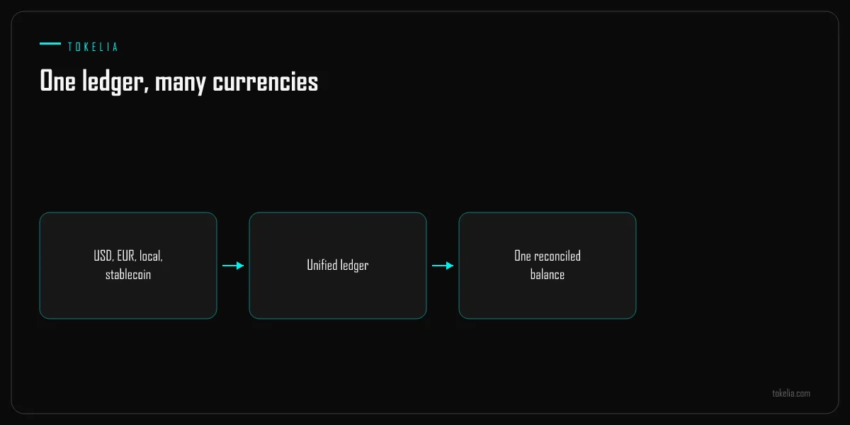 Multiple currencies feeding a single unified ledger and one reconciled balance