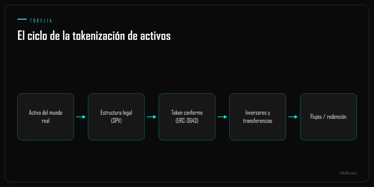 El ciclo de la tokenización de un activo del mundo real, de la estructura legal al token conforme, los inversores y los flujos de caja